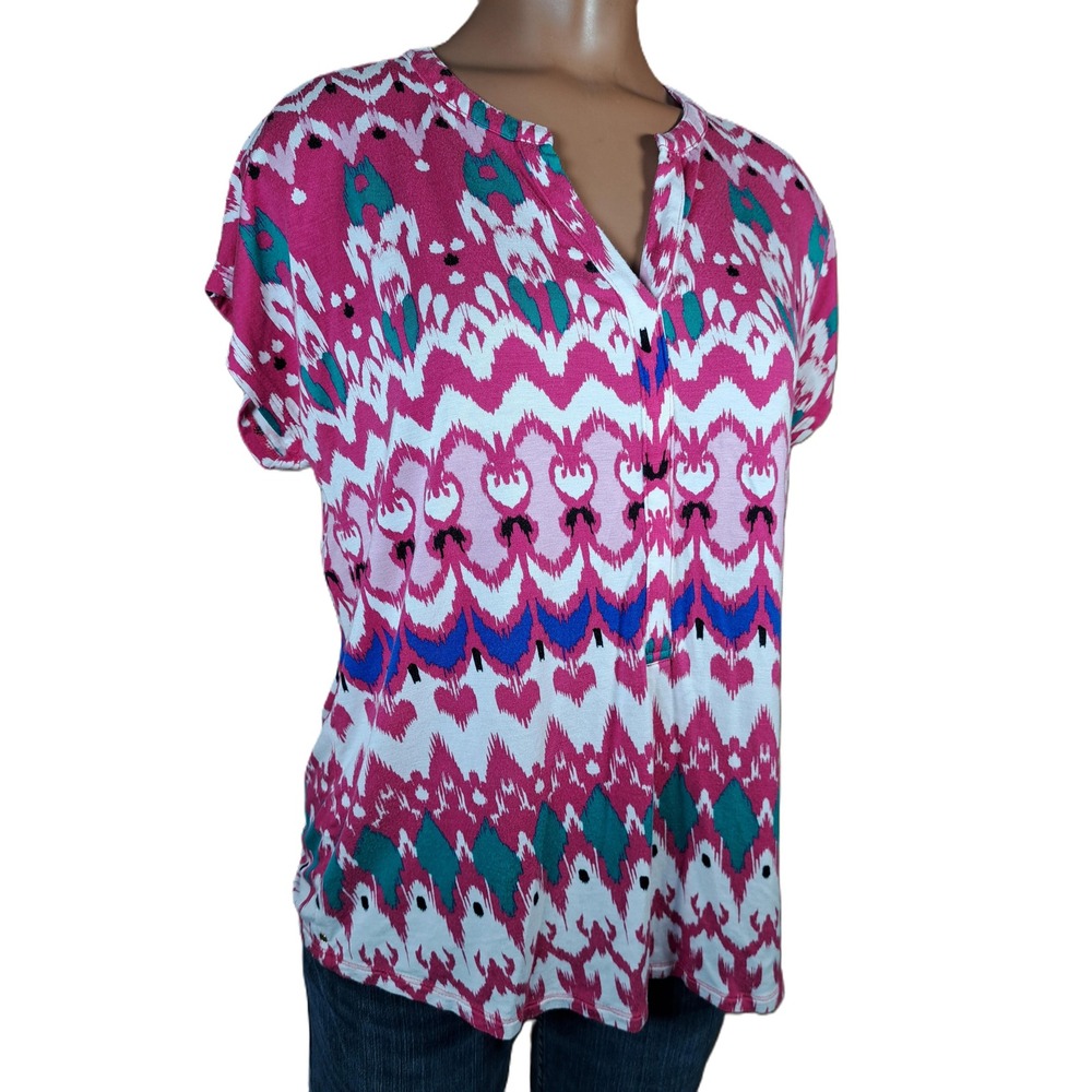 Dana Buchman Womens Pink Ikat Henley Blouse Short Sleeve V-Neck Top Medium
